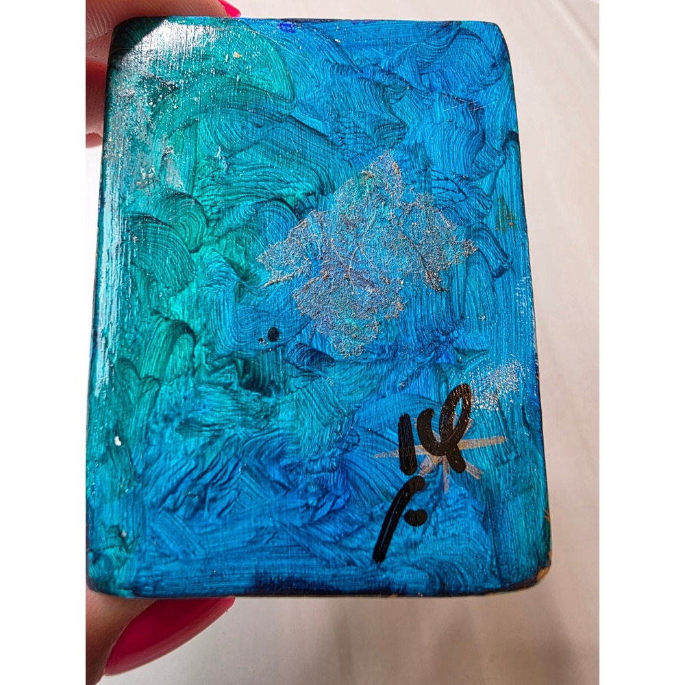 Hand Painted Wooden Evil Eye Nazar Decor Blue Gold Abstract Signed Art Block F1 - Picture 12 of 16